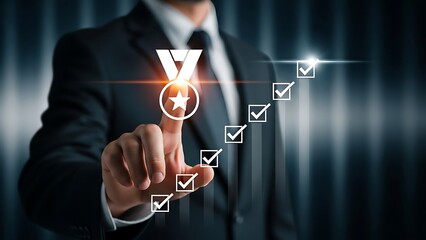 Businessman touching medal icon with checklist progress bar hand finger