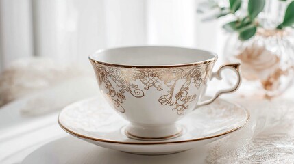 regularizing. Elegant white porcelain teacup with gold filigree patterns, soft window light highlighting delicate details. bar promotions.
