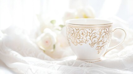 regularizing. Elegant white porcelain teacup with gold filigree patterns, soft window light highlighting delicate details. bar promotions.