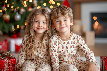Smiling children in festive pajamas sit near a Christmas tree Generative AI