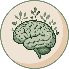 Green brain with growing plants inside a circle vector