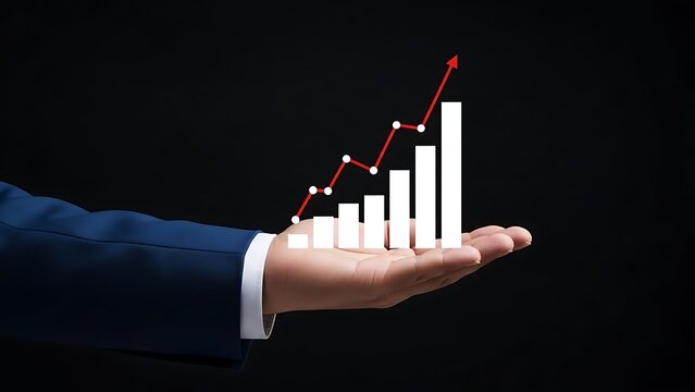 Hand holding rising bar graph and red line chart on black background bar chart growth - Powered by Adobe