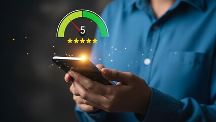 Person holding smartphone with five star rating and gauge mobile phone hand