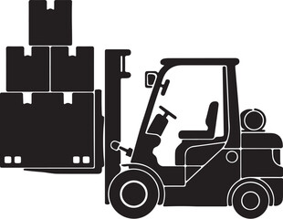 Black silhouette of a forklift truck lifting a stack of cardboard boxes in a warehouse or industrial setting also transparent background