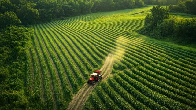 Aerial view depicts tractor traveling through lush green fields, rows of crops and woodland