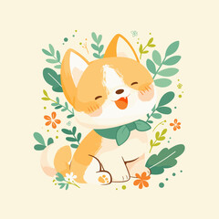 Adorable Happy Corgi Puppy Surrounded by Green Leaves and Flowers.