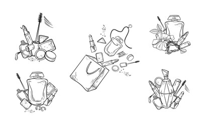 Hand drawn beauty makeup and perfume elements icon set. Fashion accessories outline for cosmetic product design, salon, or e-commerce. Decorative cosmetics black white vector illustration clipart.