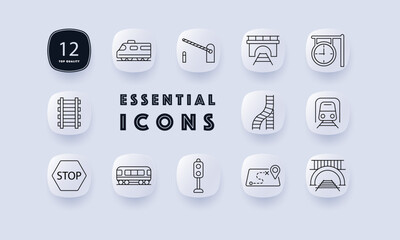 Train transport set icon. Locomotive, rail tracks, bridge, tunnel, barrier, stop sign, signal, timetable, map pointer, tram, curved rail illustrated in transit style.