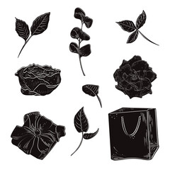 Various decorative floral elements, leaves, rose, and gift bag. Gift box with bow and flowers hand drawn silhouette vector set isolated. Drawing of nature, beauty, and present for greeting card.