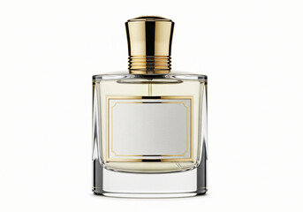 blank Isolated luxury perfume bottle for women, glass and gold with label for branding, studio shot white background 
