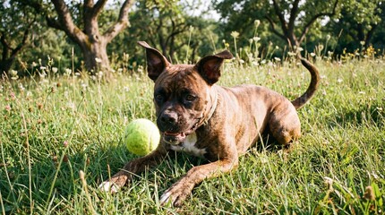 Playful dog catching a tennis ball in a sunny outdoor field with trees and flowers