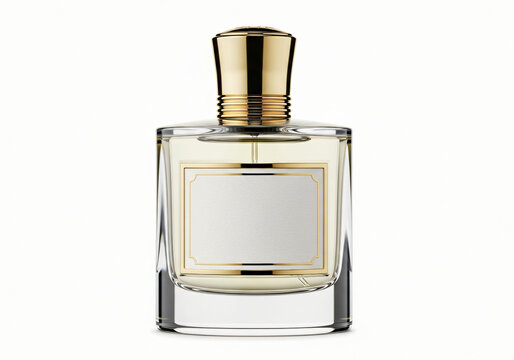 blank Isolated luxury perfume bottle for women, glass and gold with label for branding, studio shot white background 