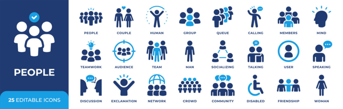People icon set. Person, group, man, team and user commercial icons collection. Team communication and human symbols. Social network, friendship and relationship concept. People interaction icons.