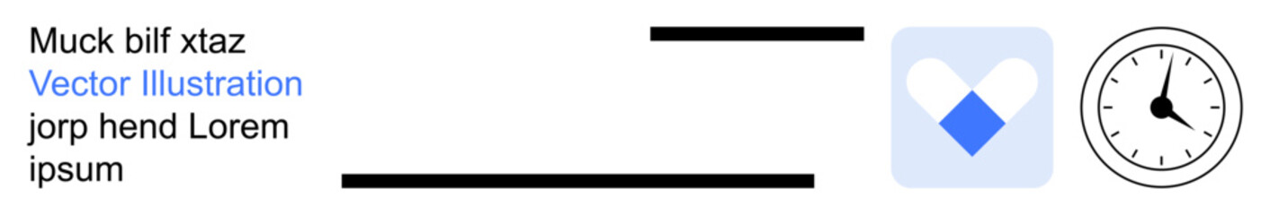 Healthcare, time management, medical records, efficiency, punctuality, organization. Heart icon and clock symbol next to text and lines. Healthcare and time management conceptual illustration