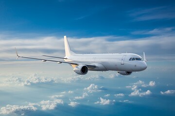 Obraz premium White Airplane Flying High in Blue Sky with Clouds