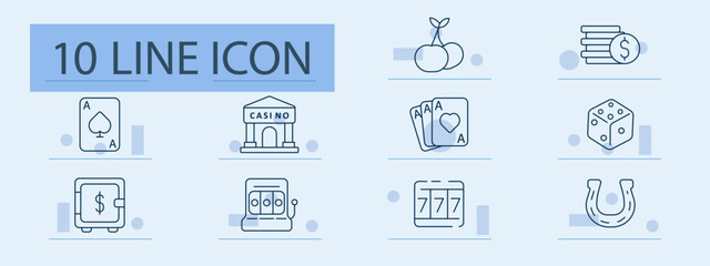 Casino set icon. Cards, chips, dice, fruit, slot, jackpot, safe, money, building, gambling, luck, game, win, betting, entertainment, spin, jackpot, finance, play, fortune