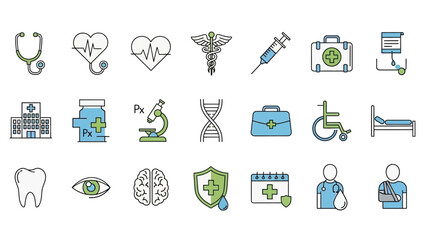 A comprehensive set of medical and healthcare icons, featuring various symbols like stethoscope, syringe, hospital, DNA, and first aid kit, representing different aspects of health and wellness.