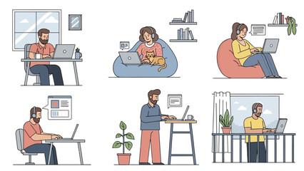 People working remotely from home in various comfortable settings, using laptops and headphones for online communication and productivity.