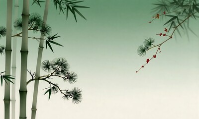 Obraz premium 和風の竹と松の枝が描かれた緑の背景