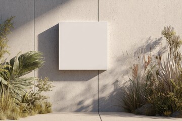A blank, white square is affixed to a textured beige wall, illuminated by sunlight. Lush, dry foliage surrounds the structure