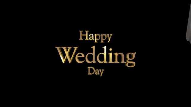 金色に輝くHappy Wedding Day の3dテキスト　10秒からのカウントダウンマーク　結婚式オープニングの背景　キラキラ輝く金属の反射　お祝い・ウエディングパーティー・イベントのビデオイメージ