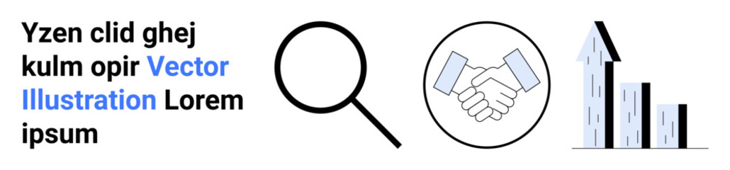 Business strategy, collaboration, analytics, financial growth, market research, teamwork. Magnifying glass, handshake and growing bar graph. Business strategy and collaboration concept