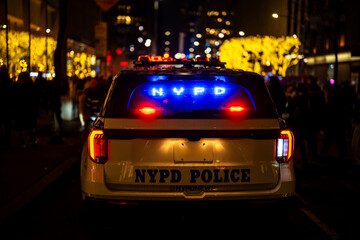 NYPD police car during patrol. NYPD police car with sirens on. NYPD police car at city intersection. NYPD police car in Manhattan street.
