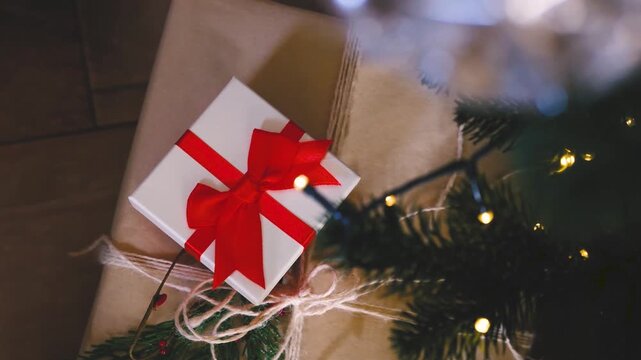Wrapped holiday gift box with red ribbon near decorated Christmas tree with lights