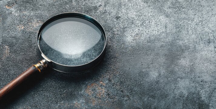 A close-up showcases a magnifying glass resting on a mottled, textured surface, the lens reflecting ambient light