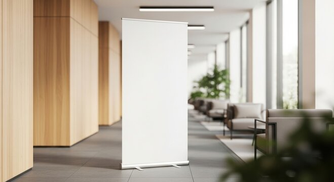Roll-up standee banner mockup in modern office hall. Blank white template for presentation or promotion. Commercial design, exhibition space