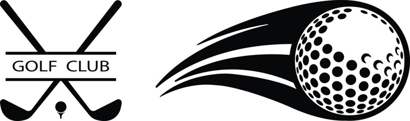 Black Golf Flat Style Vector Icon Set, Sports Equipment Symbol Collection and Recreation Outline Graphic Group Featuring Club, Ball, Tee and Course Elements