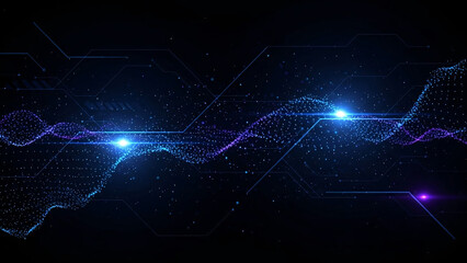 Abstract digital background with glowing blue particle wave and circuit lines