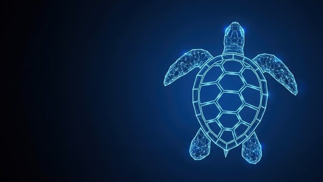 Digital abstract turtle with glowing blue geometric wireframe on dark background