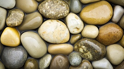 osmium. Smooth, rounded river stones resting on a riverbed, polished by water, with soft aquatic lighting. travel magazines, destination branding, designed for outdoor magazines and nature guides.