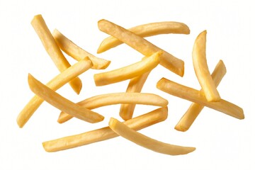 A collection of golden-yellow french fries is scattered randomly across a stark white background.
