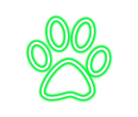Bright green neon paw print glowing against a symbolizing pet love and animal care on transparent background