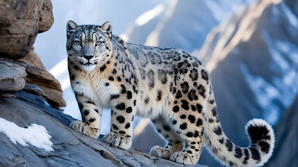 Obraz premium Majestic Snow Leopard Standing Proudly on Rocky Mountain Slope in Its Natural Habitat with Sparse Snow Patches