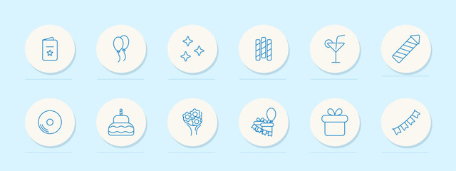 Holiday set icon. Card, balloons, sparkle, candies, cocktail, firework, disc, cake, flowers, decor, gift, bunting. Party, celebration, event, joy, fun, birthday, evening, surprise, present, light.