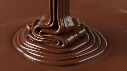 Close-up of melted chocolate dripping smoothly with a rich glossy texture, showcasing luxury dessert ingredients and indulgent sweetness.