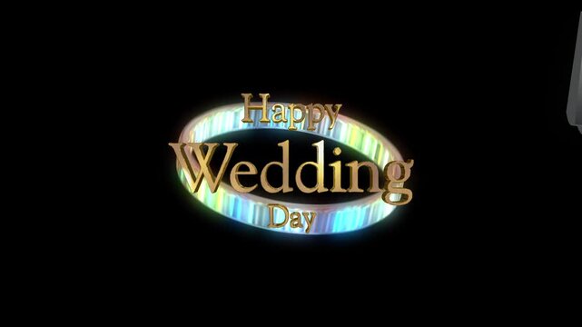 金色に輝くHappy Wedding Day の3dテキスト　10秒からのカウントダウンマーク 回転する輝くリング　結婚式オープニングの背景　キラキラ輝く金属の反射　お祝い・ウエディングパーティー・イベントのビデオイメージ