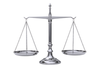 A silver balance scale with two empty plates isolated on transparent background