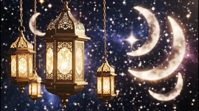 Decorative lanterns glowing against a starry night sky with crescent moons