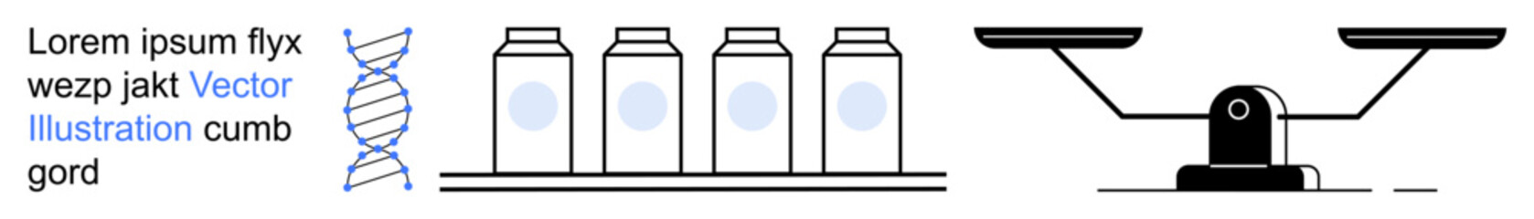 Biotechnology, lab research, DNA analysis, data validation, scientific experiments, precision science. DNA strand, testing containers and a balance scale. Biotechnology and lab research concept