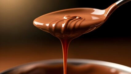 Thick and glossy chocolate sauce dripping slowly against a dark background, perfect for dessert, baking, and luxury food concepts.