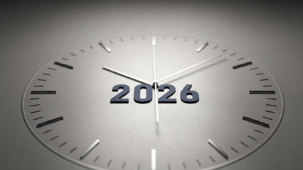 Close up of a clock face showing the year 2026 with hands at nearly twelve o'clock on a gray background with subtle gradient lighting effects