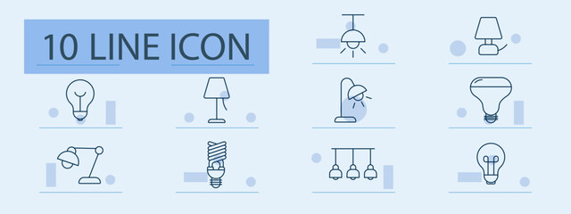 Lighting set icon. Bulb, lamp, ceiling, desk light, floor lamp, chandelier, smart bulb, spotlight, energy, illumination, decor, electricity, modern, home, interior, minimal, room