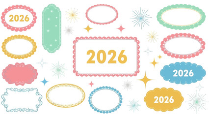 Colorful graphic design elements for happy new year 2026 celebrations on a white background with pastel colors and festive shapes.