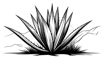 Artistic black and white illustration of agave plant in desert setting