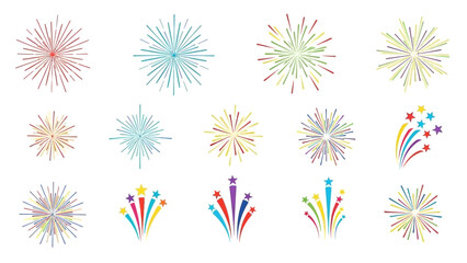 Colorful firework designs arranged in rows on a white background, celebrating happy new year 2026 with vibrant and festive illustrations.