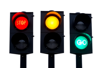 Traffic lights showing red, yellow, and green signals isolated on transparent background